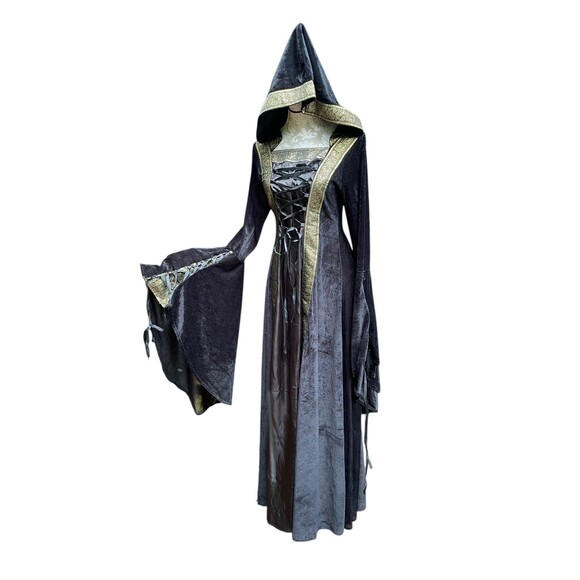 Medieval Renaissance Hooded Gown Black Velour Gold Trim Lace Up Bodice Size M - Picture 6 of 13